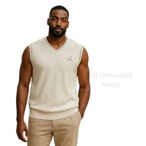 Pinnacle Pull Over Golf Sweater Vest Cream Blue Embroidered V-Neck Men Sz M